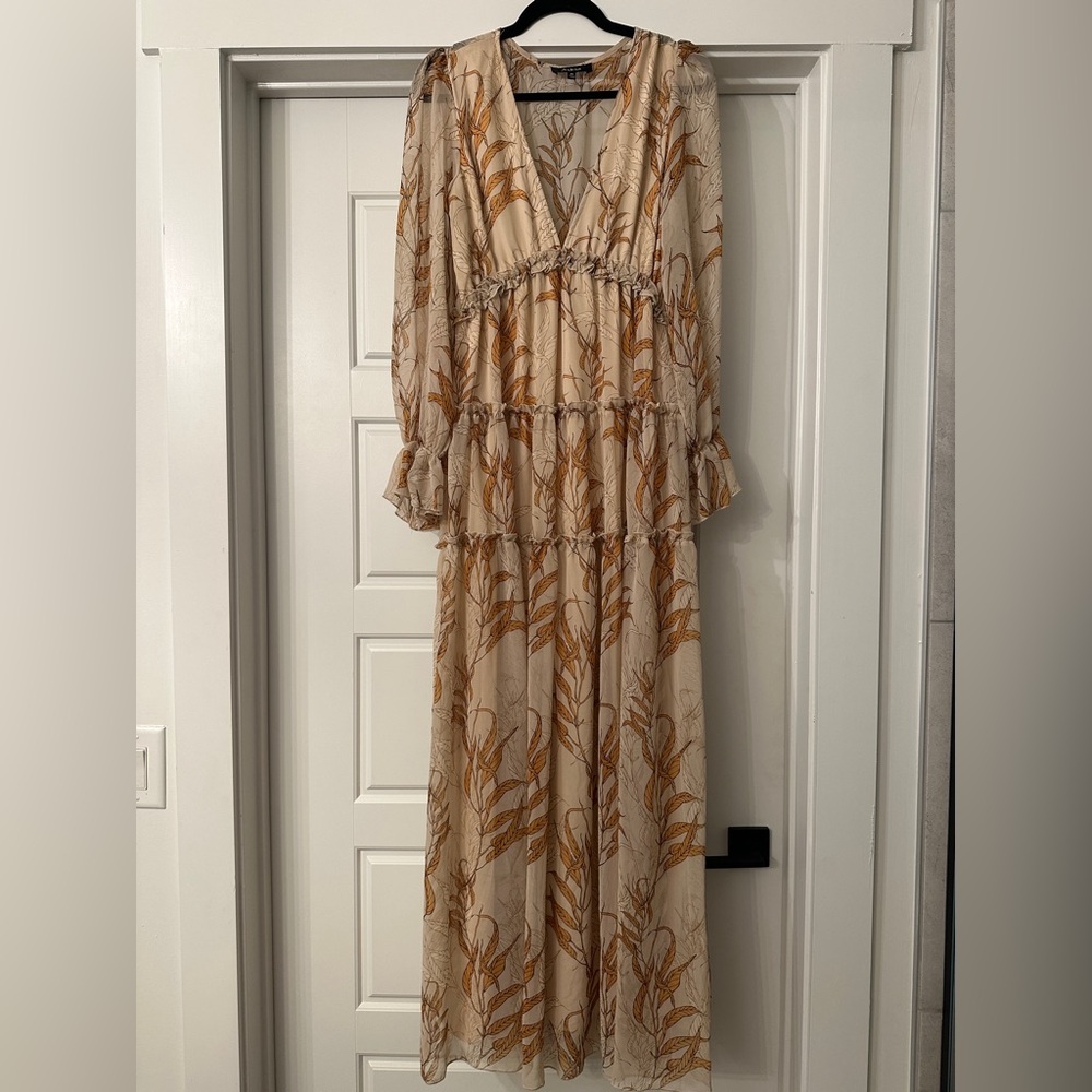 Aakaa Beige and Orange Leaf Maxi Dress